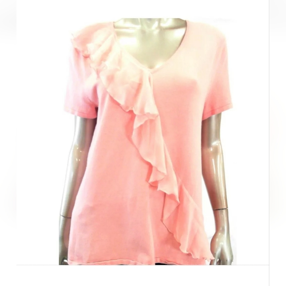 Pink Short Sleeved Finely Knit Top with Silk Ruffle Size L